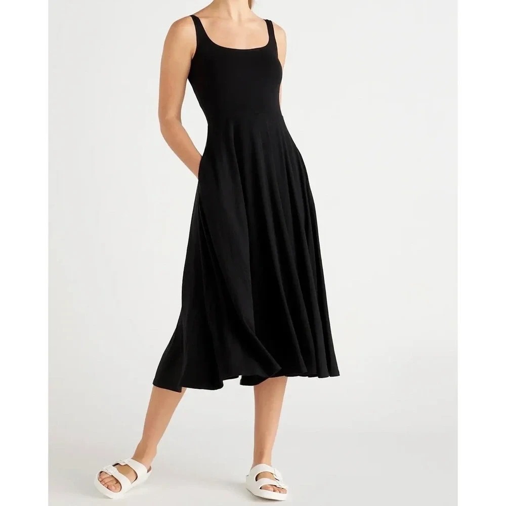 Quince Tencel Jersey Fit & Flare Midi Dress Sleeveless Scoop Neck Black Small